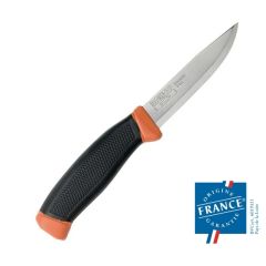 Couteau multiusage avec manche orange et noir.