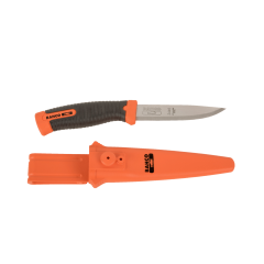 Couteau multiusage avec manche orange et noir.